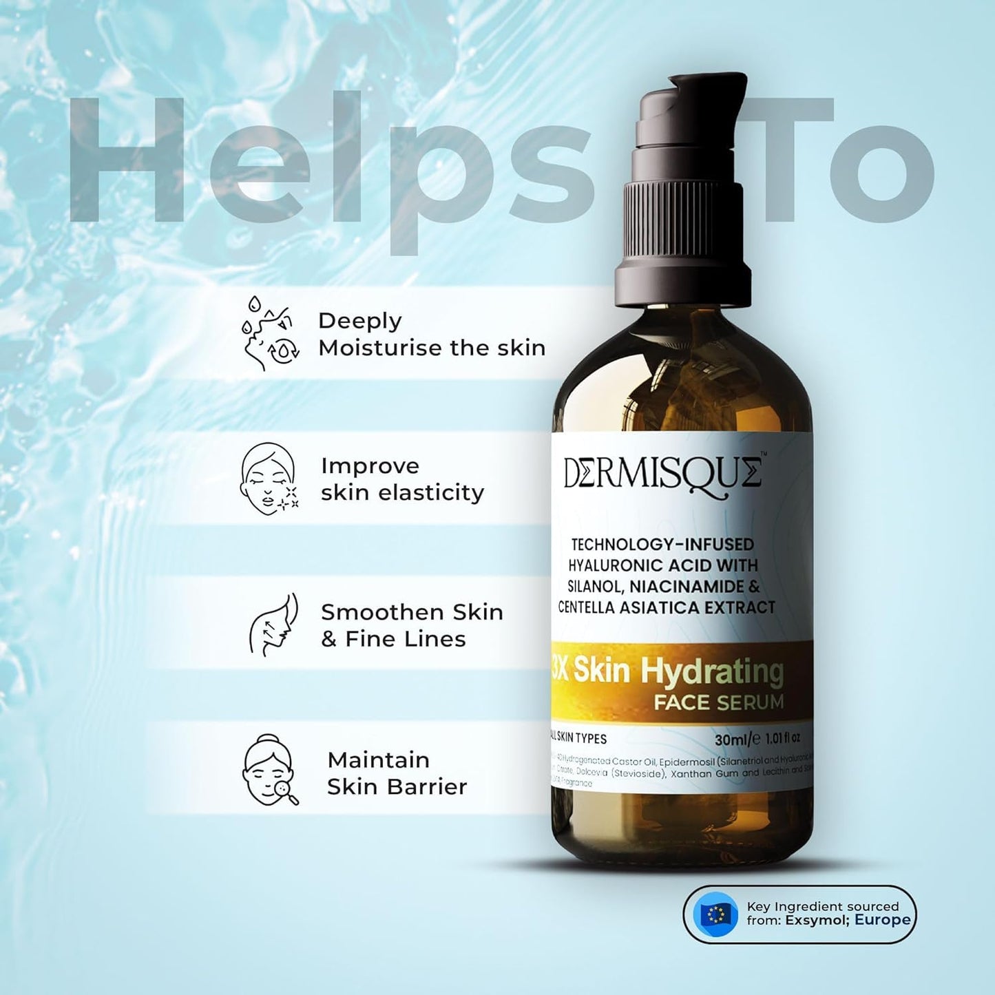 Dermisque skin hydrating face serum bottle with product benefits on a light blue background