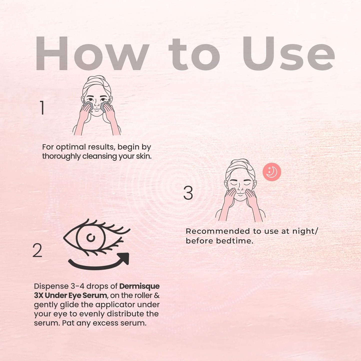 Instructions on how to use a dermisque 3x Undereye serum with illustrations and text.