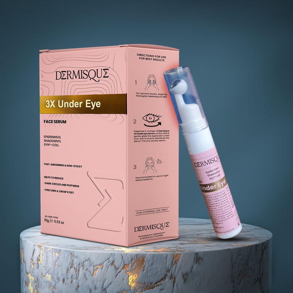 Dermisque 3X Under Eye face serum packaging and serum bottle on a dark background