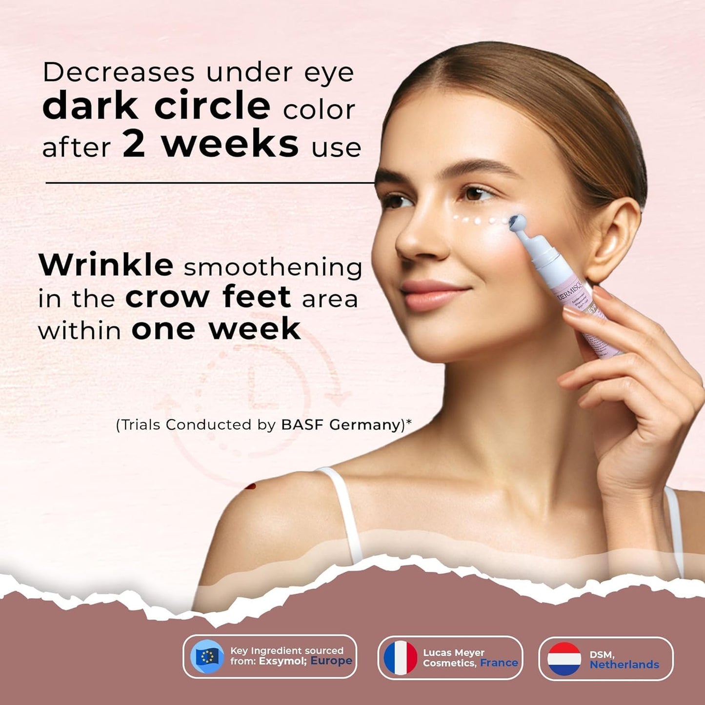 Woman using a Dermisque Under Eye Rollon device with text on a pink background
