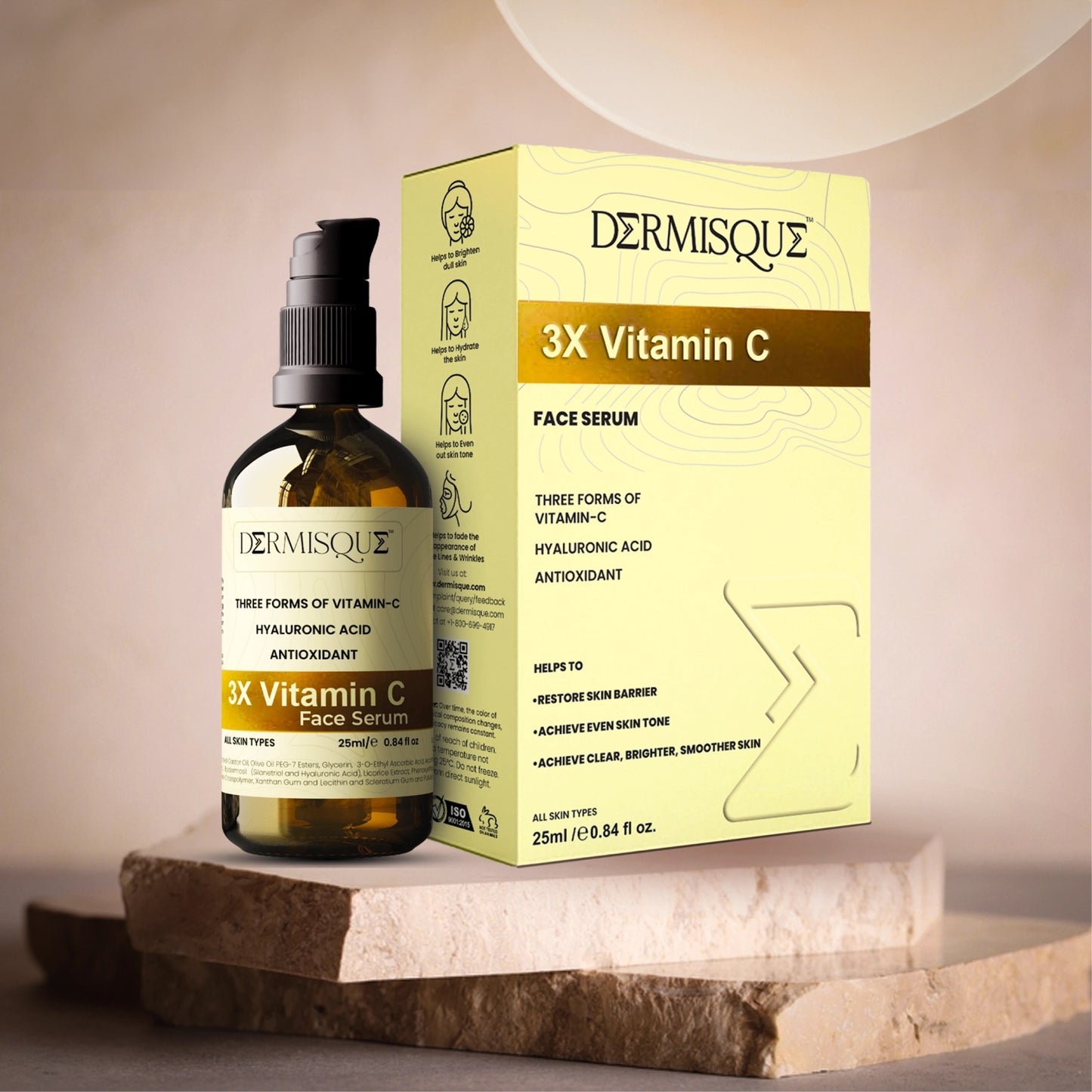 Dermisque 3X Vitamin C face serum bottle and packaging on a neutral background