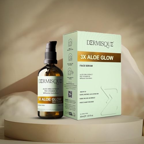 Dermisque 3X Aloe Glow face serum bottle and packaging on a beige background