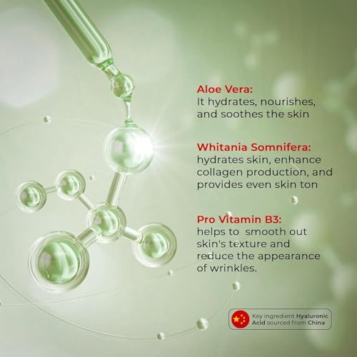 Advertisement for skincare ingredients with molecular structure and text on a light green background