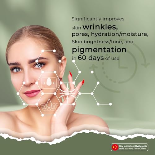Advertisement for a skincare product showing a woman's face with text about skin improvements.
