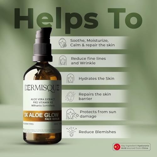 Dermisque aloe vera face serum bottle with benefits listed on a green background