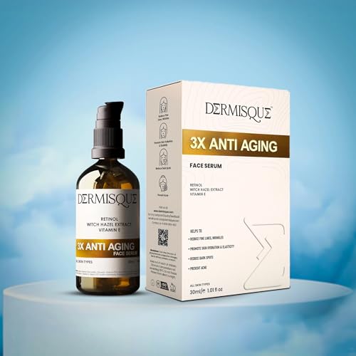 Dermisque 3X Anti Aging face serum bottle and packaging on a blue gradient background