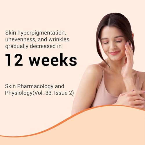 Woman touching her face with a beige background and text about skin improvement in 12 weeks.