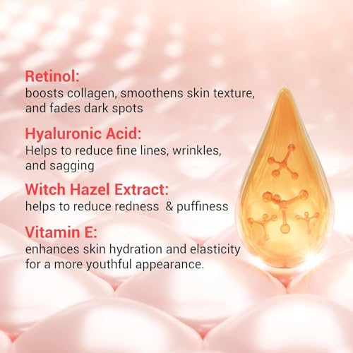 Dermisque USA 3X Anti Aging Face Serum from Glein Pharma droplet with text about Retinol, Hyaluronic Acid, Witch Hazel Extract, and Vitamin E on a pink background.
