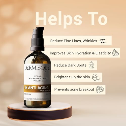 Dermisque anti-aging face serum bottle with text on a beige background