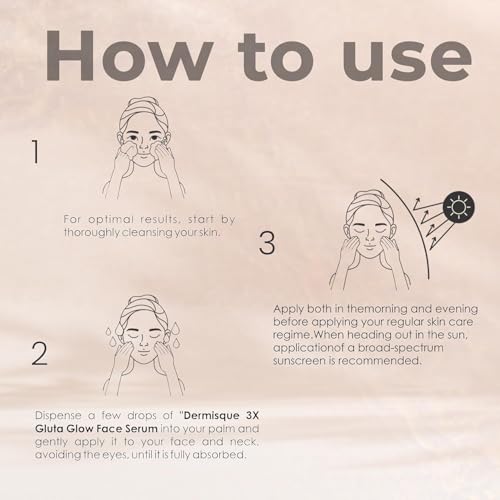 Instructions on how to use a Dermisque USA 3X Gluta Glow Brightening Face Serum, Glein Pharma skincare serum, with illustrations and text.