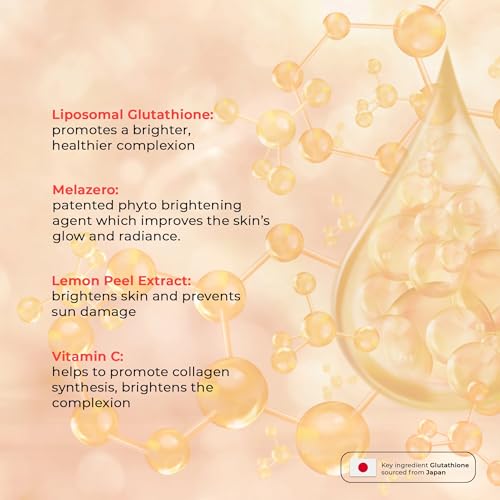 Cosmetic product with liposomal glutathione, melazero, lemon peel extract, and vitamin C on a peach background. Dermisque USA 3X Gluta Glow Brightening Face Serum Glein Pharma