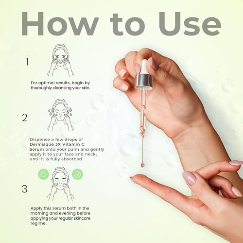 Instructions on how to use Dermisque USA 3X Vitamin C Face Serum, Glein Pharma with a dropper.