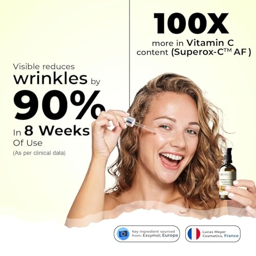 Advertisement for a skincare product with a woman holding a dropper and bottle, highlighting reduced wrinkles and vitamin C content.