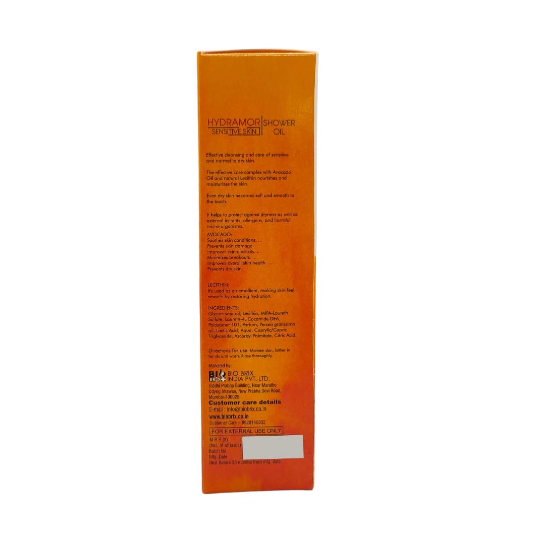 Hydramor Vitamin C + Avocado Shower Oil Body Wash Orange box with text on a white background