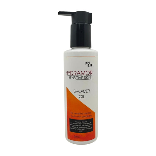 Hydramor Vitamin C + Avocado shower oil body wash bottle on a white background