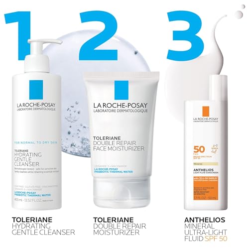 La Roche-Posay skincare products including cleanser, moisturizer, and sunscreen on a white background.