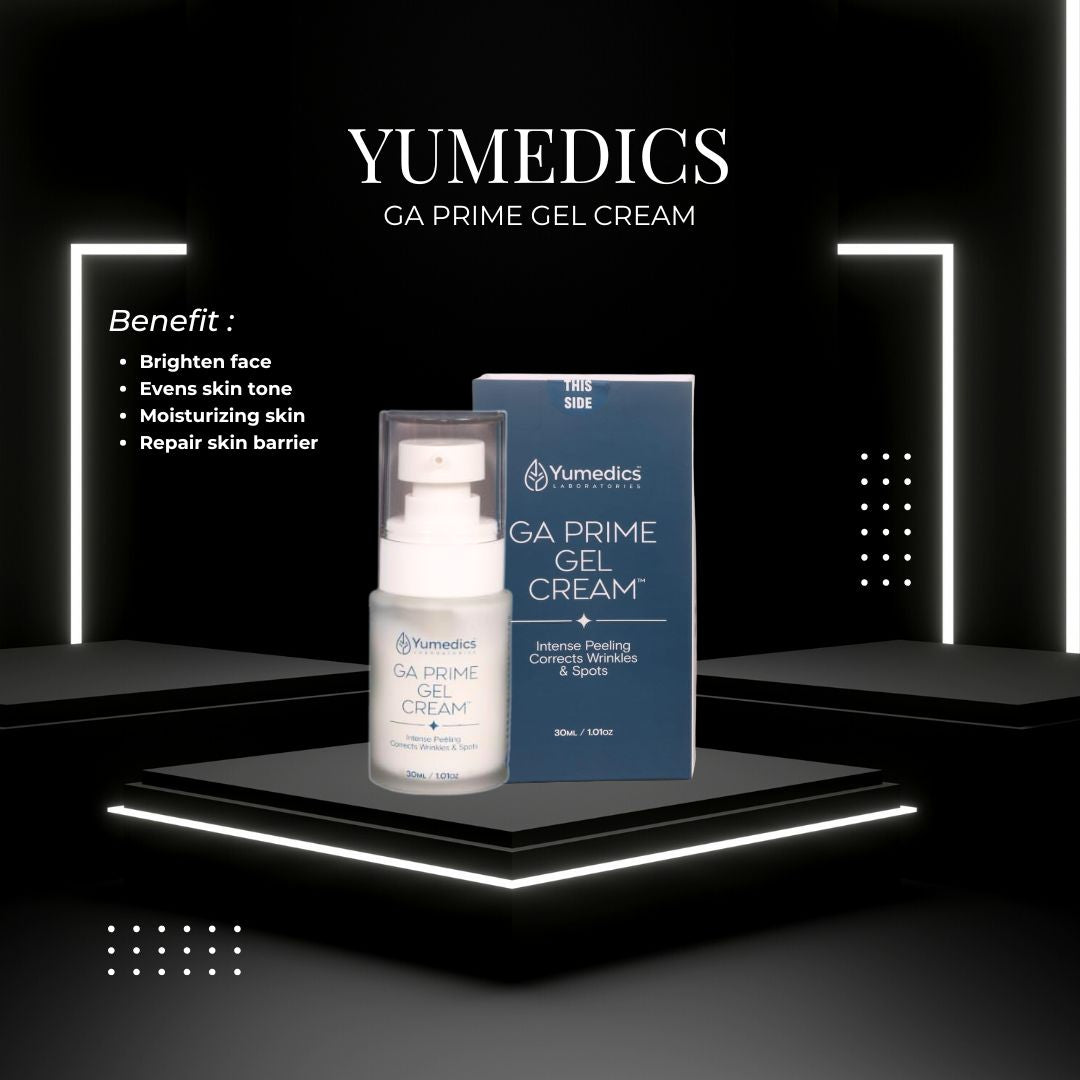 Yumedics GA Prime Gel Cream with packaging on a black background