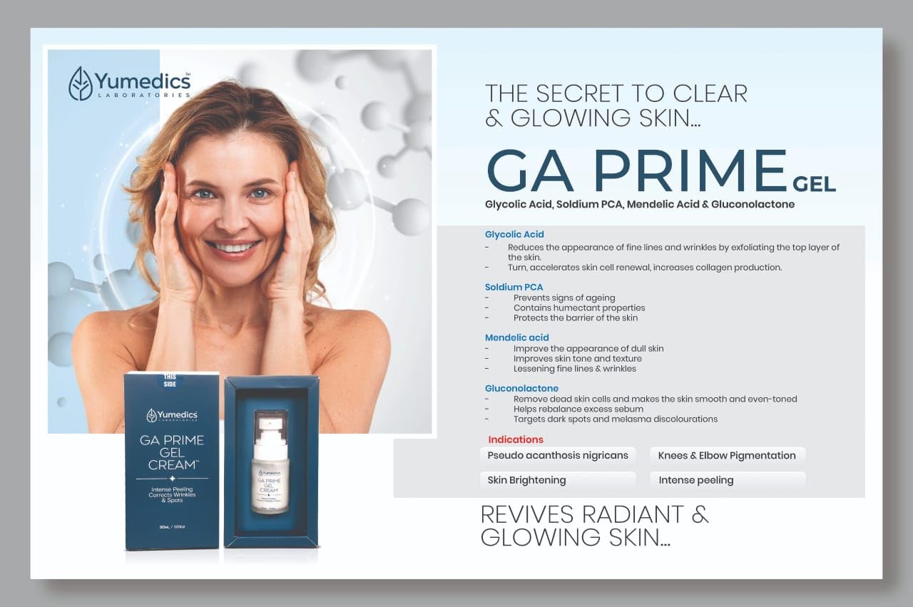 Advertisement for Yumedics GA Prime Gel with a woman applying cream, text about product benefits, and images of the gel and cream packaging.