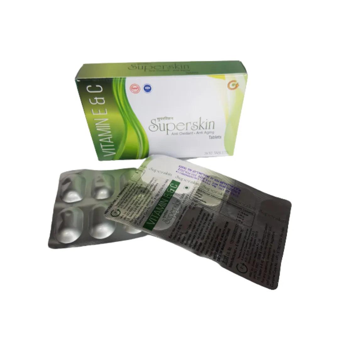 Superskin Tablets: Vitamin C 100 + Vitamin E 100 Supplement for Hair Skin and Immunity Glein Pharma