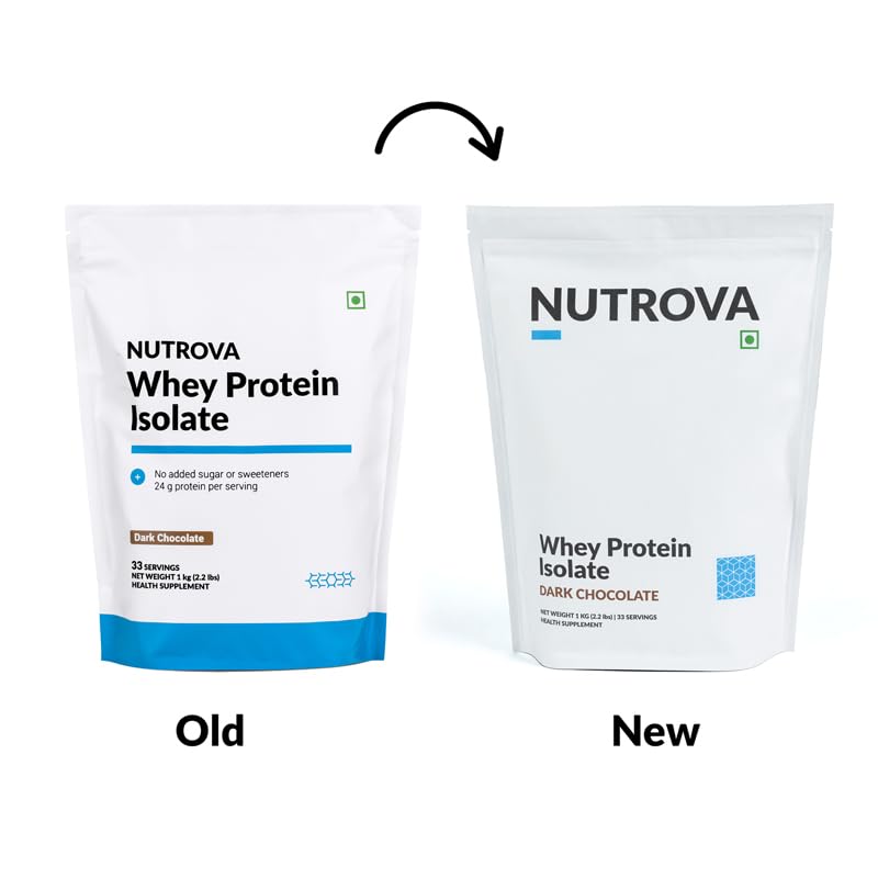 Nutrova Whey Protein Isolate Dark Chocolate 1Kg (Pack of 1) with 24g Protein Every 30g Scoop & 5.5g BCAAs |Protein Powder for Men & Women with no Artificial Sweeteners or Added Sugars |Easy to Digest.