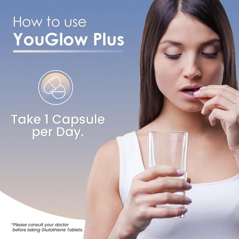 AVEIL YouGlow Plus L-Glutathione Tablets | 30 Capsules | With Curcumin Rhizome Oil, Vitamin C, L-Phenylalanine & Evening Primrose Oil | Enhances Skin Glow | Reduces Dark Circles, Wrinkles & Fine Lines