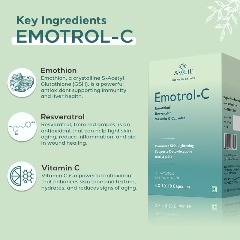 AVEIL Emotrol-C Resveratrol and Vitamin C Capsules for Skin - 30 Capsules | Enhances Skin Radiance | Natural Detoxification | Supports Youthful Skin Appearance | Sugar Free | Healthy Skin Superfood