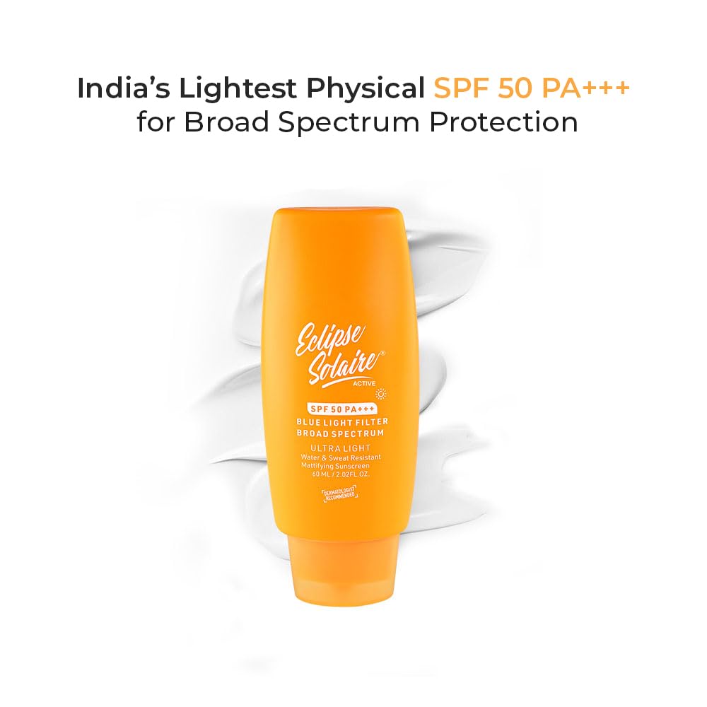 YUDERMA Eclipse Solaire Active Sunscreen SPF 50 PA+++ | Clinically Tested | No White Cast | Broad Spectrum UVA/UVB & Blue Light Shield | Lightweight, Non-Greasy Formula for All Skin Types – 60ml