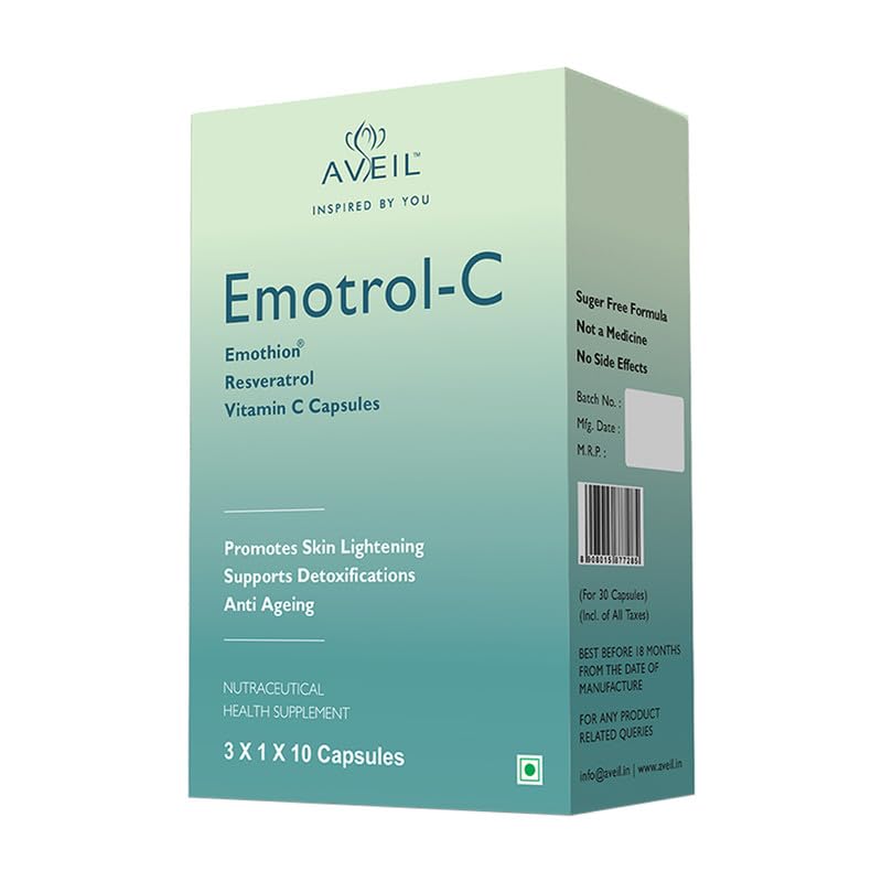 AVEIL Emotrol-C Resveratrol and Vitamin C Capsules for Skin - 30 Capsules | Enhances Skin Radiance | Natural Detoxification | Supports Youthful Skin Appearance | Sugar Free | Healthy Skin Superfood