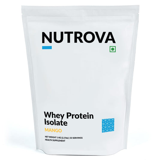 Nutrova Whey Protein Isolate Mango 1Kg (Pack of 1) with 24g Protein Every 30g Scoop | Easy to Digest Health Supplement for Men & Women with no Added Sugars | 5.5g BCAAs, Sweetened with Stevia.