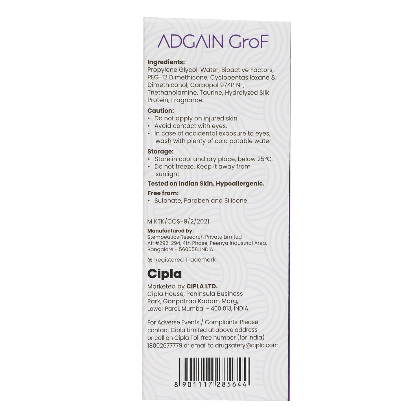 Cipla Adgain Grof Hair Serum | Bioactive Concentrate for Hair Rejuvenation | Dermatologically Tested - 30g