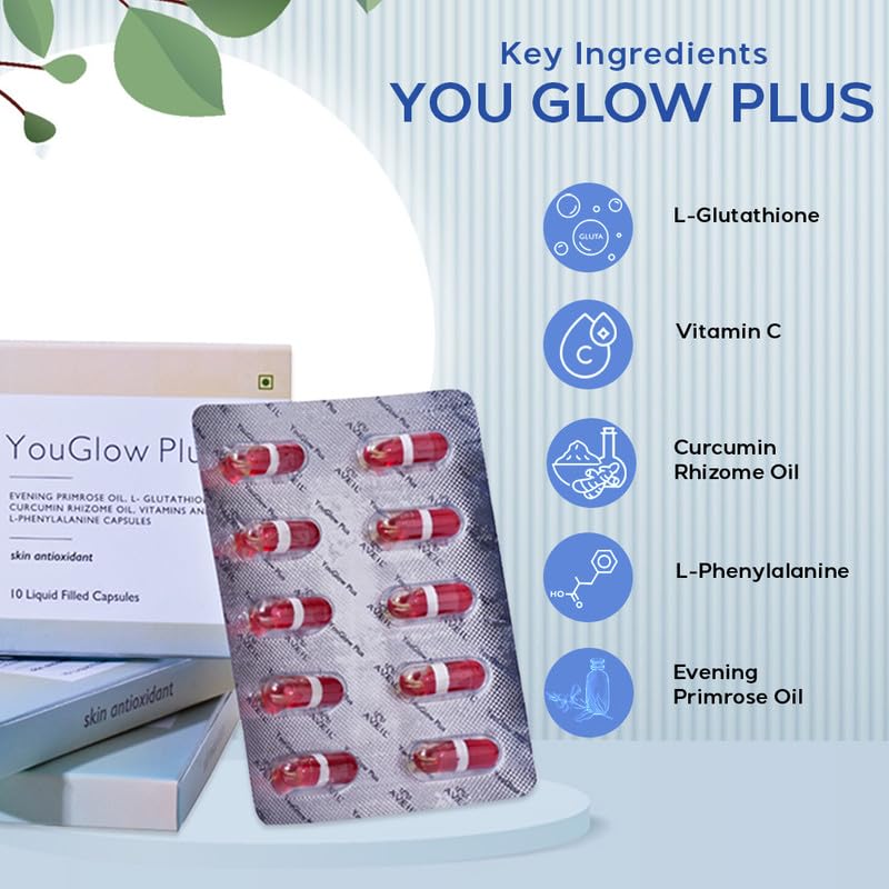 AVEIL YouGlow Plus L-Glutathione Tablets | 30 Capsules | With Curcumin Rhizome Oil, Vitamin C, L-Phenylalanine & Evening Primrose Oil | Enhances Skin Glow | Reduces Dark Circles, Wrinkles & Fine Lines