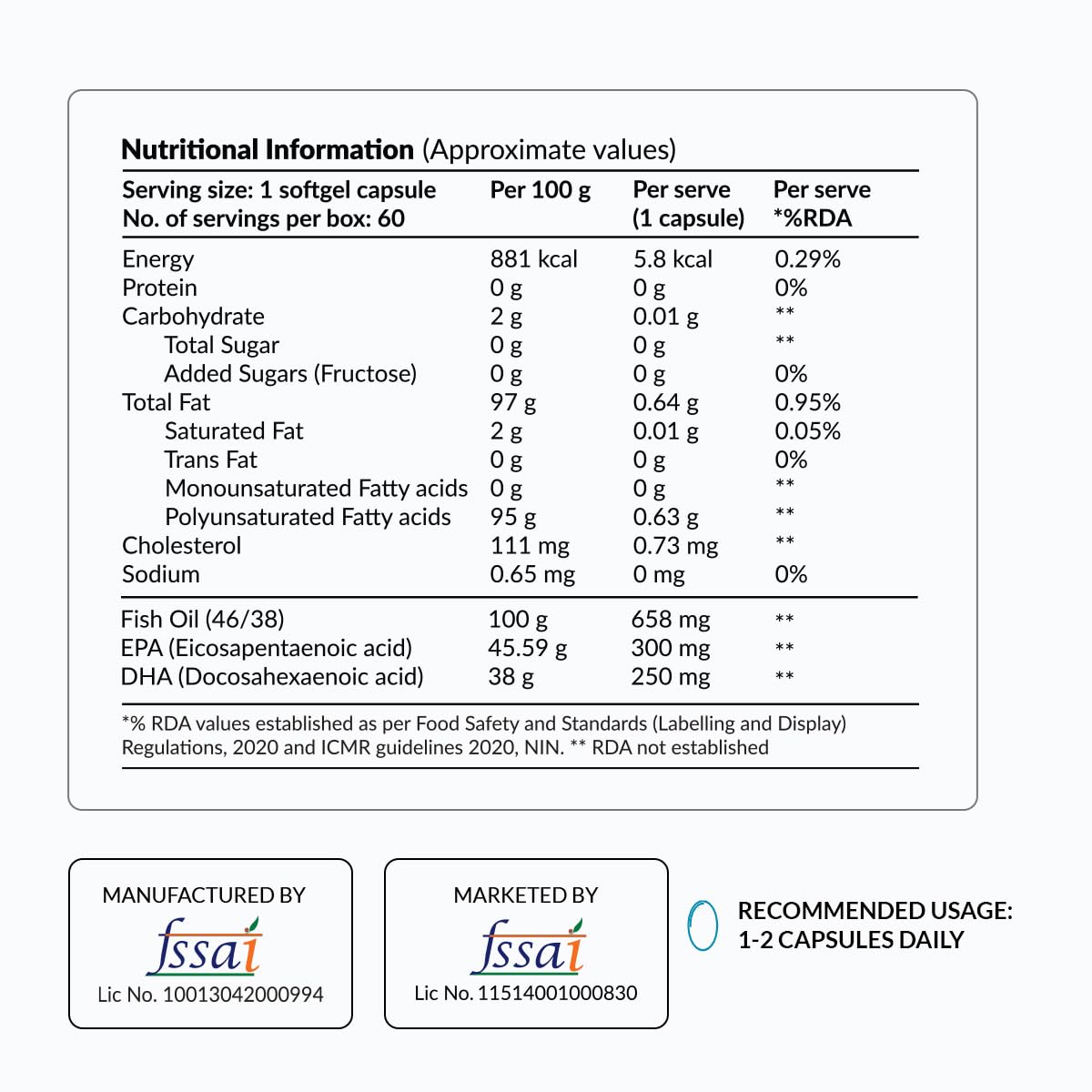 NUTROVA Fish Oil 84 Omega-3 High Purity, Heavy Metal Tested, Small Enteric Coated Capsules For Brain, Heart, Skin & Hair Health (60 Softgel Capsules - Pack of 2) 300mg EPA + 250mg DHA in 658mg
