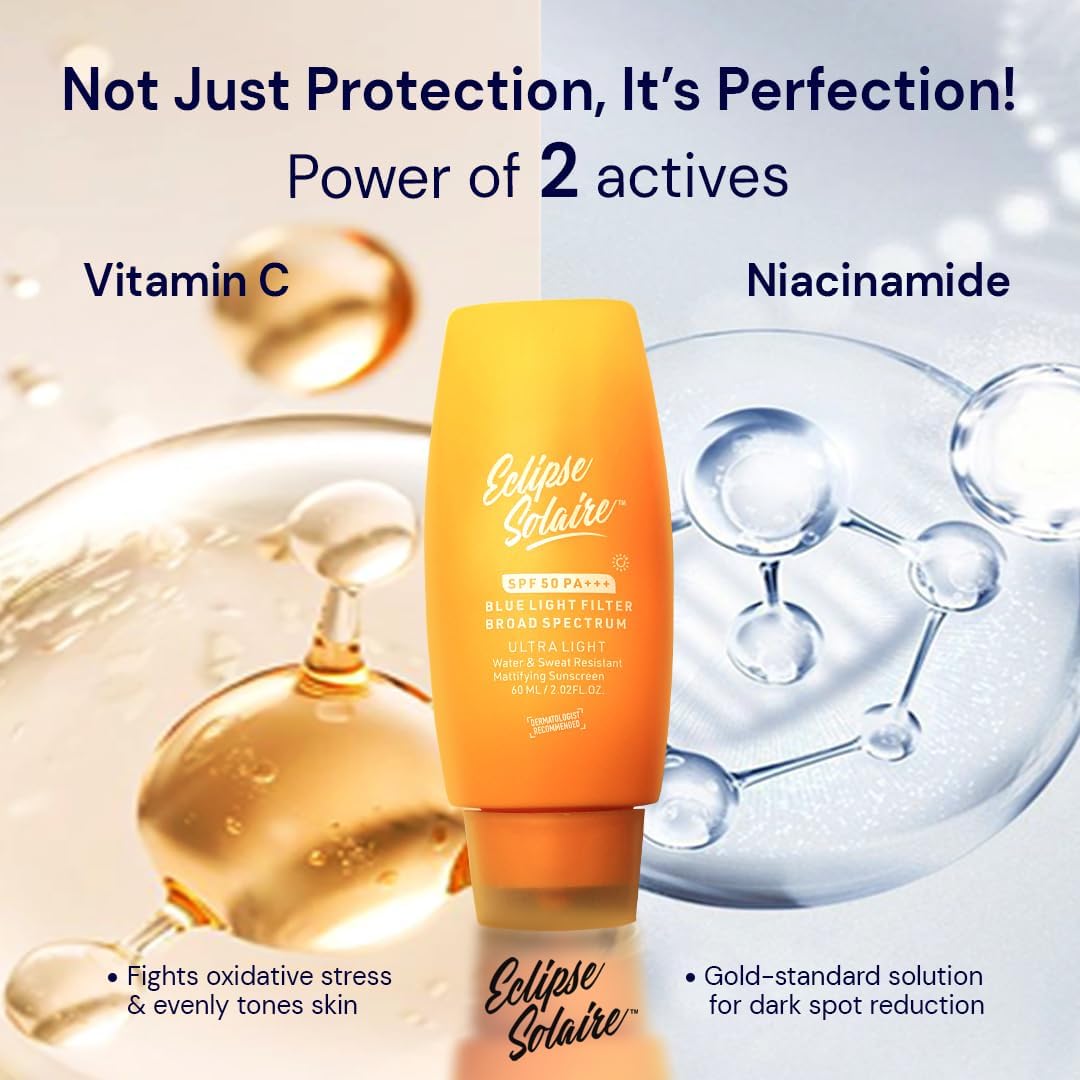YUDERMA Eclipse Solaire Active Sunscreen SPF 50 PA+++ | Clinically Tested | No White Cast | Broad Spectrum UVA/UVB & Blue Light Shield | Lightweight, Non-Greasy Formula for All Skin Types – 60ml