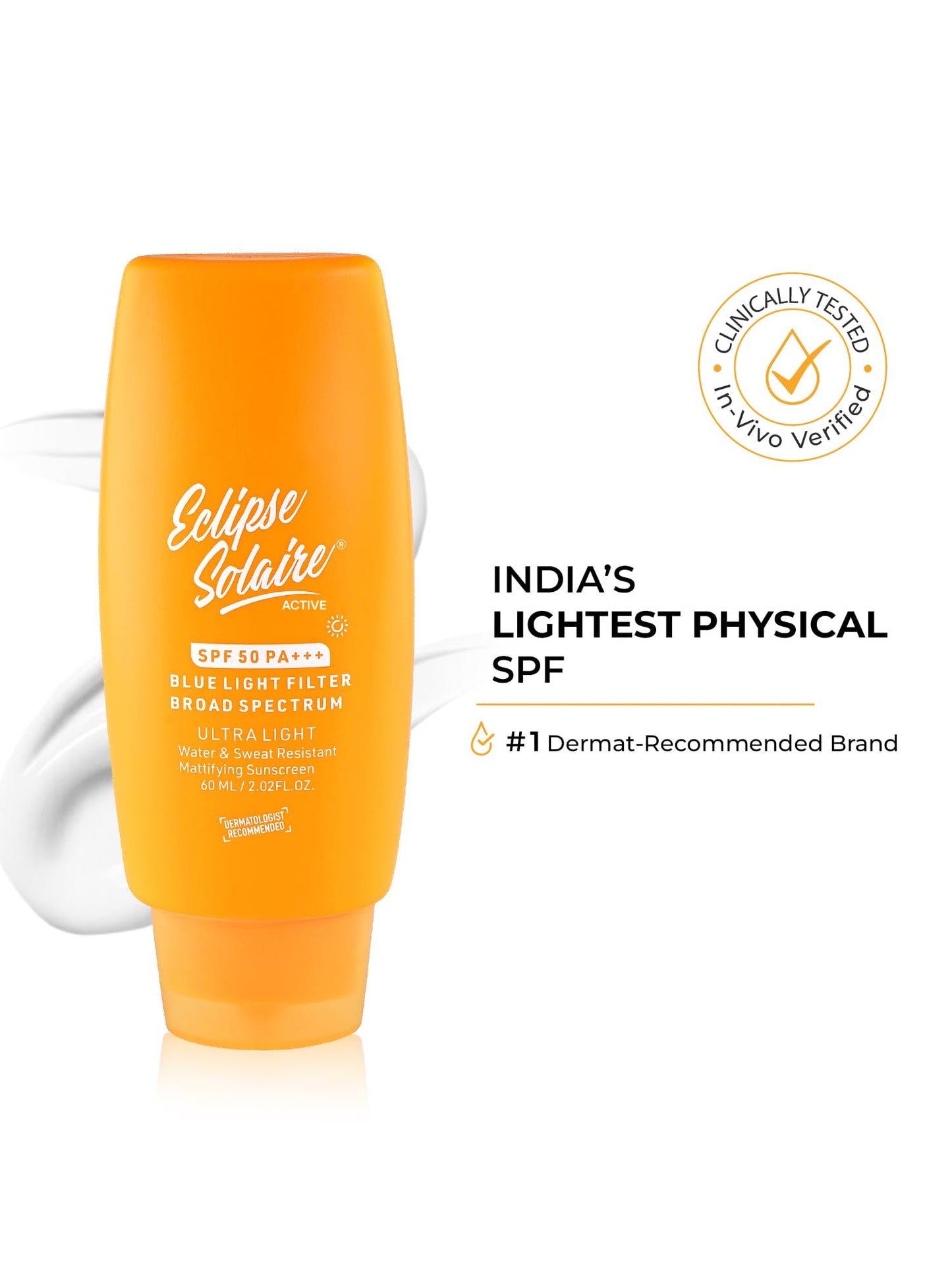 YUDERMA Eclipse Solaire Active Sunscreen SPF 50 PA+++ | Clinically Tested | No White Cast | Broad Spectrum UVA/UVB & Blue Light Shield | Lightweight, Non-Greasy Formula for All Skin Types – 60ml