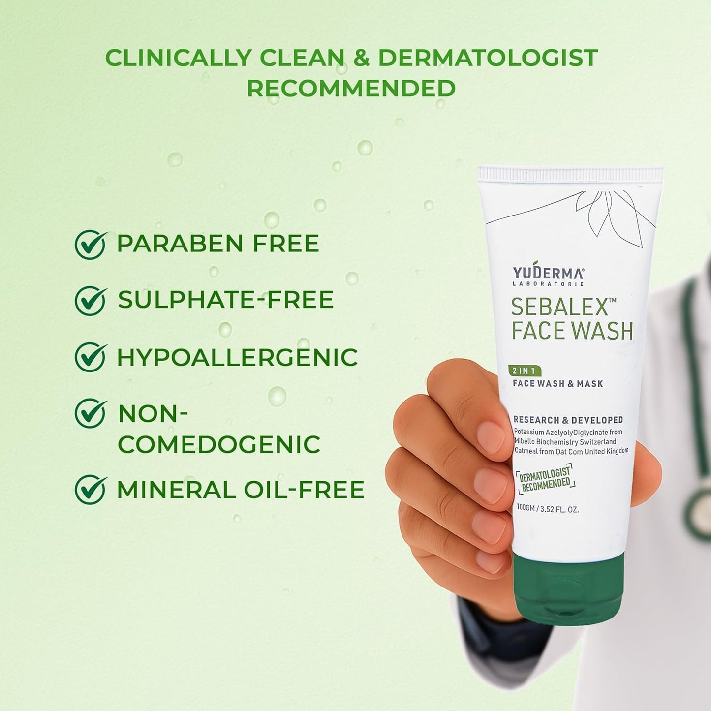 YUDERMA Sebalex Face Wash for Oily and Acne Prone Skin, 100gm Medi-Acne Face Wash & Mask, Sulphate & Paraben Free, Non-Comedogenic Face Wash for Women and Men