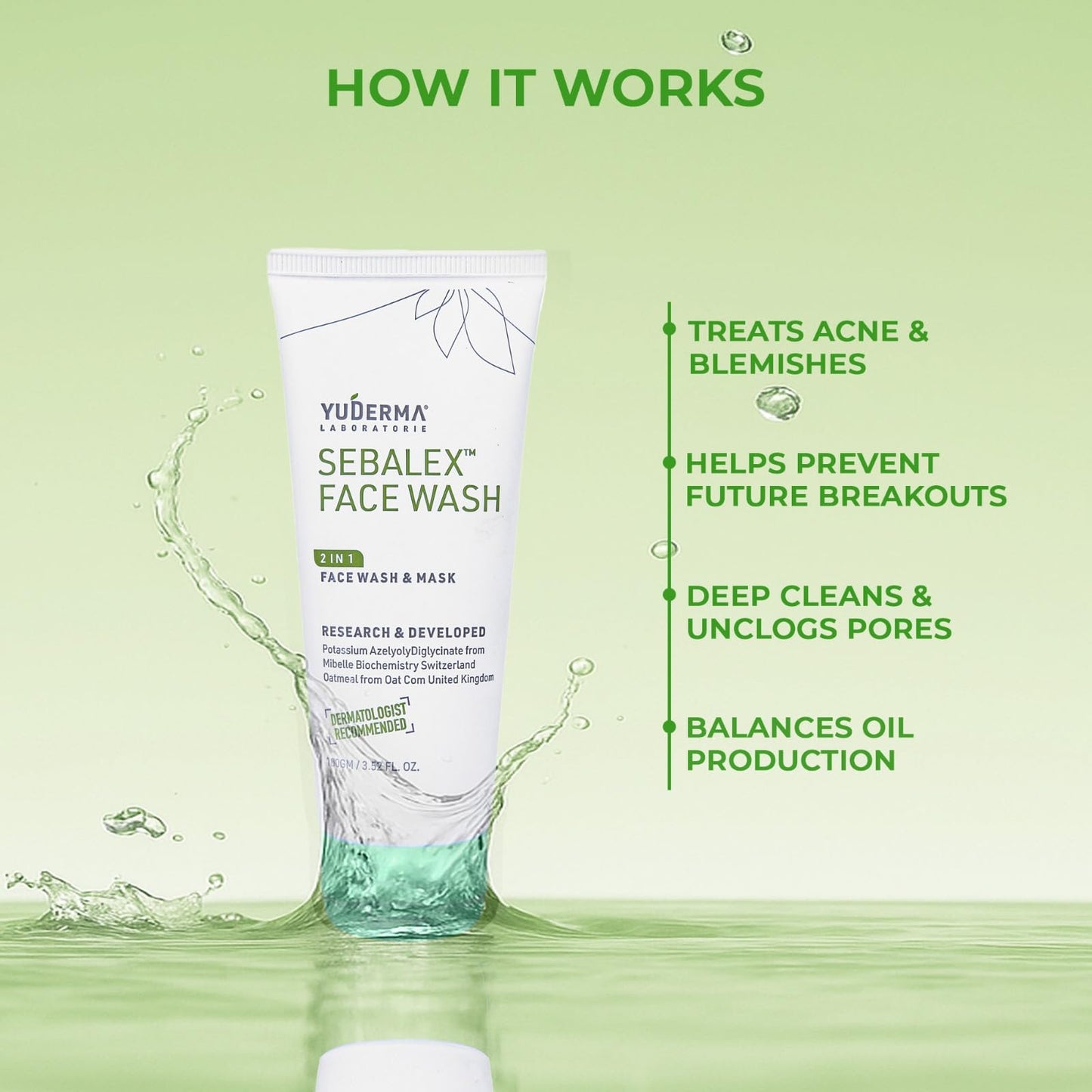 YUDERMA Sebalex Face Wash for Oily and Acne Prone Skin, 100gm Medi-Acne Face Wash & Mask, Sulphate & Paraben Free, Non-Comedogenic Face Wash for Women and Men