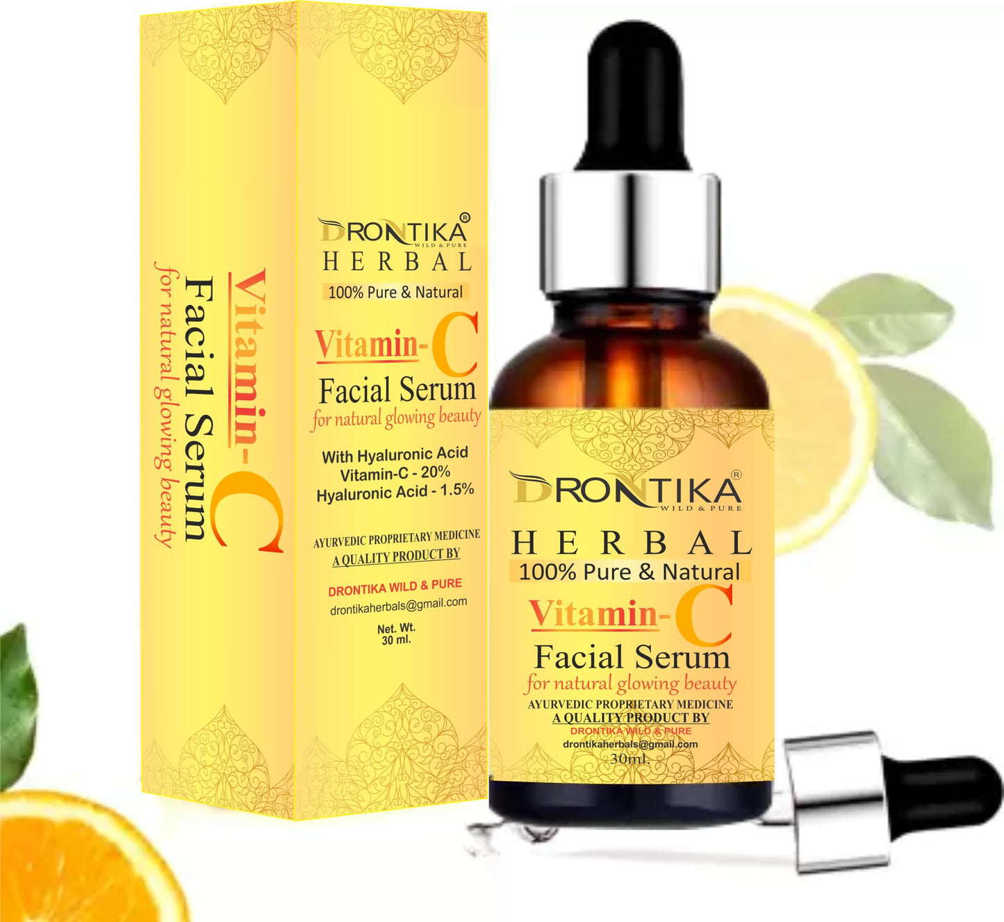 Drontika Herbal Vitamin C Face Serum, For Nourished & Bright Skin with Antioxidant Rich Vitamin C & Kakadu Plum Extract, Non Greasy, 30 ml (Pack Of 2)