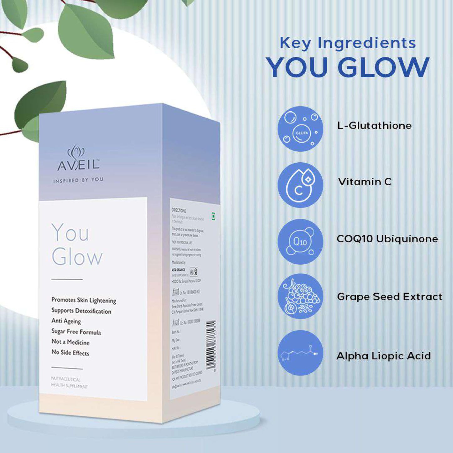 AVEIL YouGlow Glutathione and Vitamin C Skin Rejuvenating Tablets - 30 Tablets | L-Glutathione 500mg Tablets with CoQ10, Alpha Lipoic Acid, & Grape Seed Extract for Healthy & Radiant Skin | Sugar Free