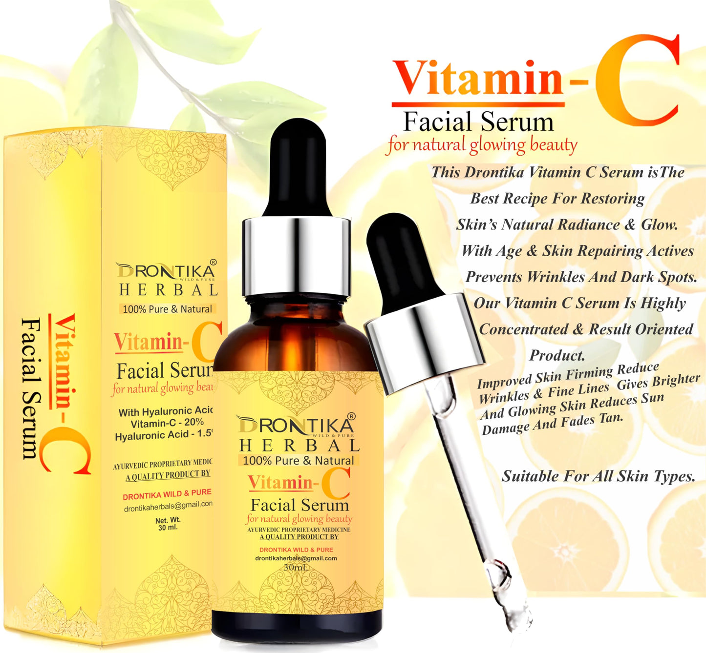 Drontika Herbal Vitamin C Face Serum, For Nourished & Bright Skin with Antioxidant Rich Vitamin C & Kakadu Plum Extract, Non Greasy, 30 ml (Pack Of 2)