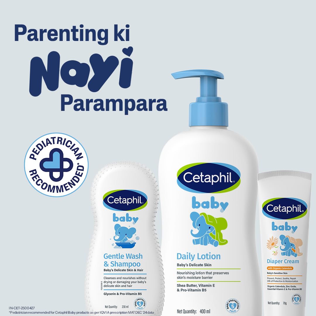 Cetaphil baby products including Daily Lotion, Gentle Wash & Shampoo, and Diaper Cream on a light blue background with 'Pediatrician Recommended' label.