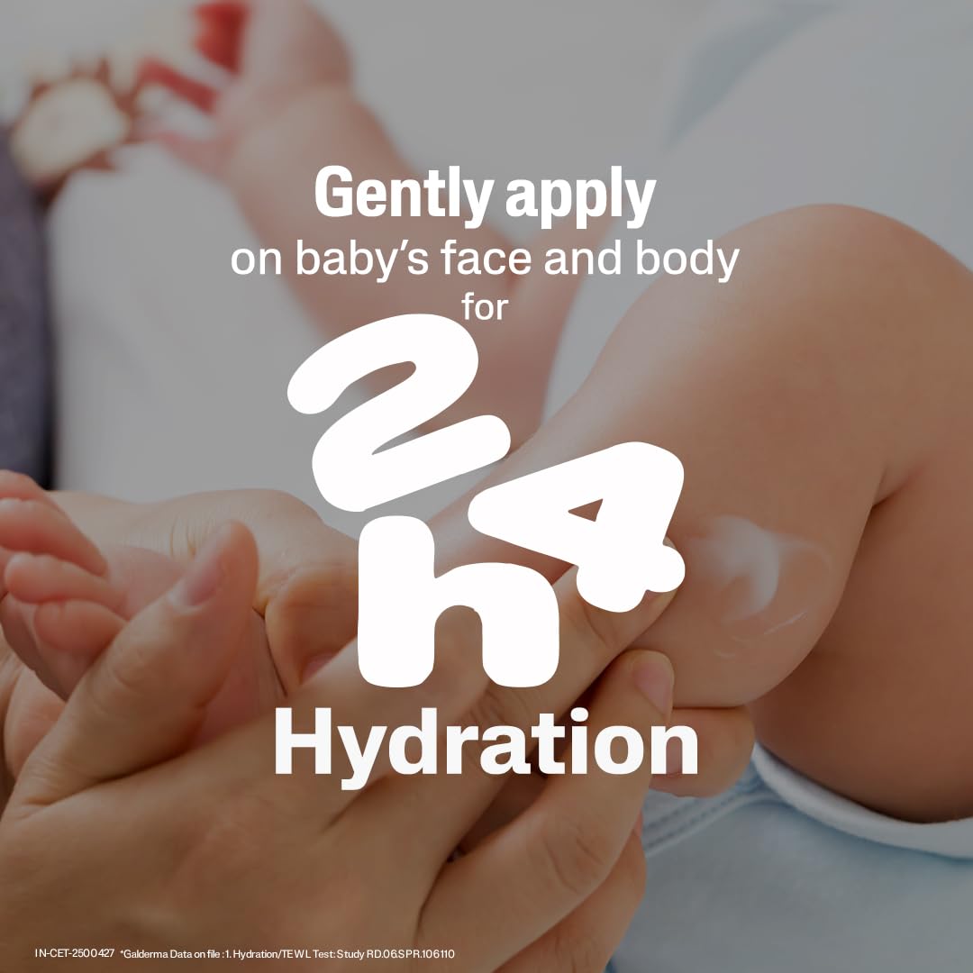 Promotional text for 24-hour hydration with a blurred background of hands and baby feet.