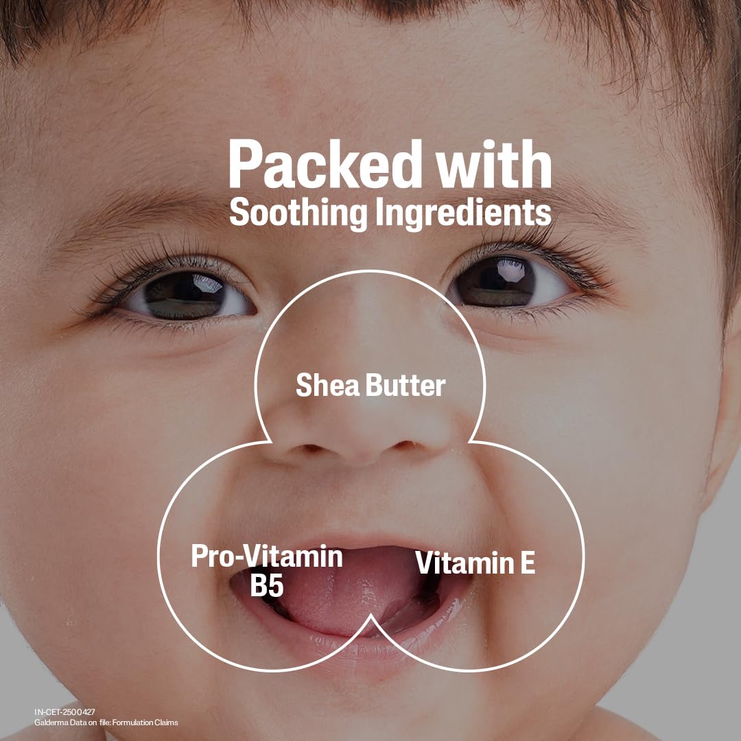Baby's face with text indicating soothing ingredients like Shea Butter, Pro-Vitamin B5, and Vitamin E.