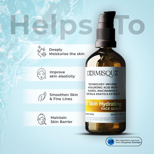 Dermisque skin hydrating face serum bottle with product benefits on a light blue background