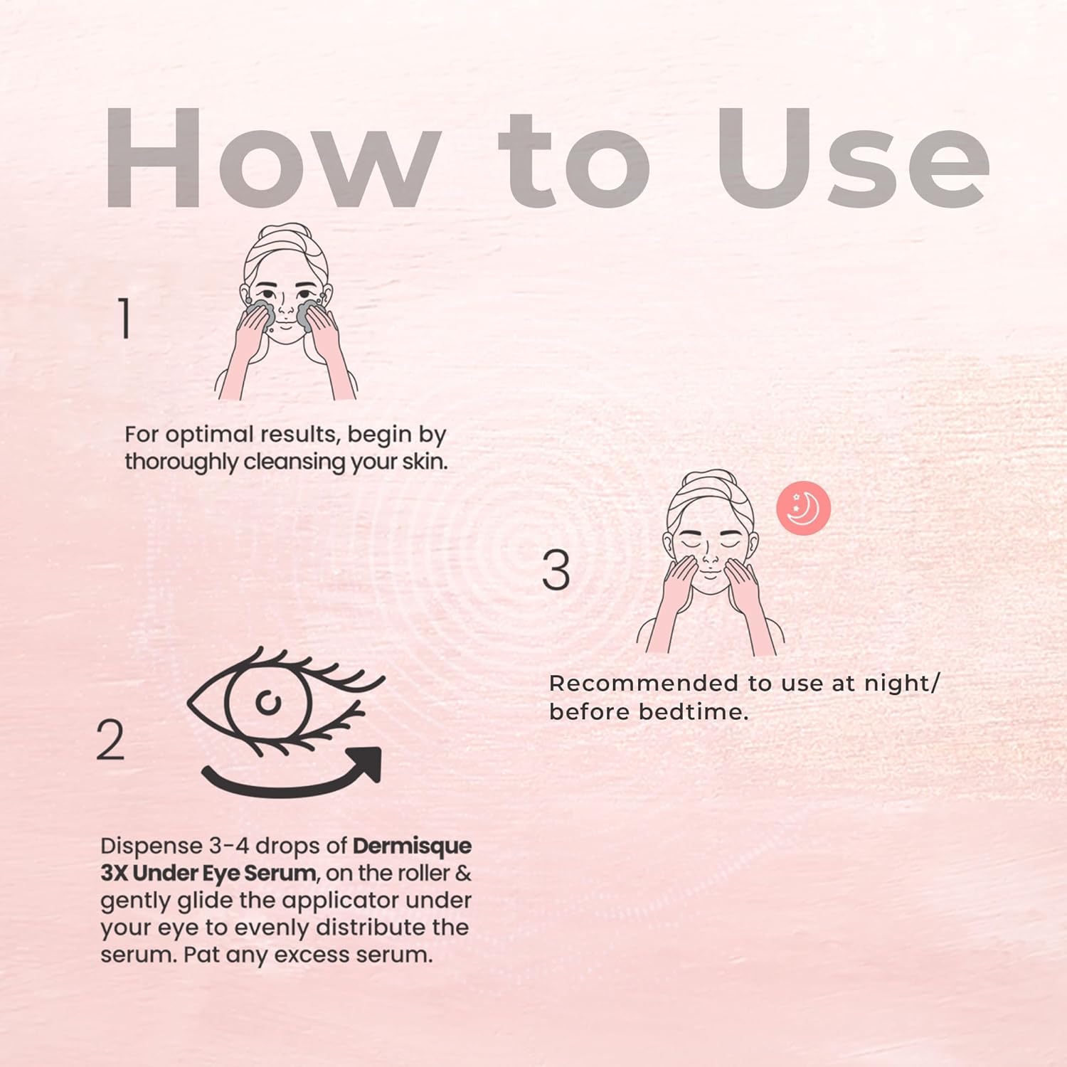 Instructions on how to use a dermisque 3x Undereye serum with illustrations and text.