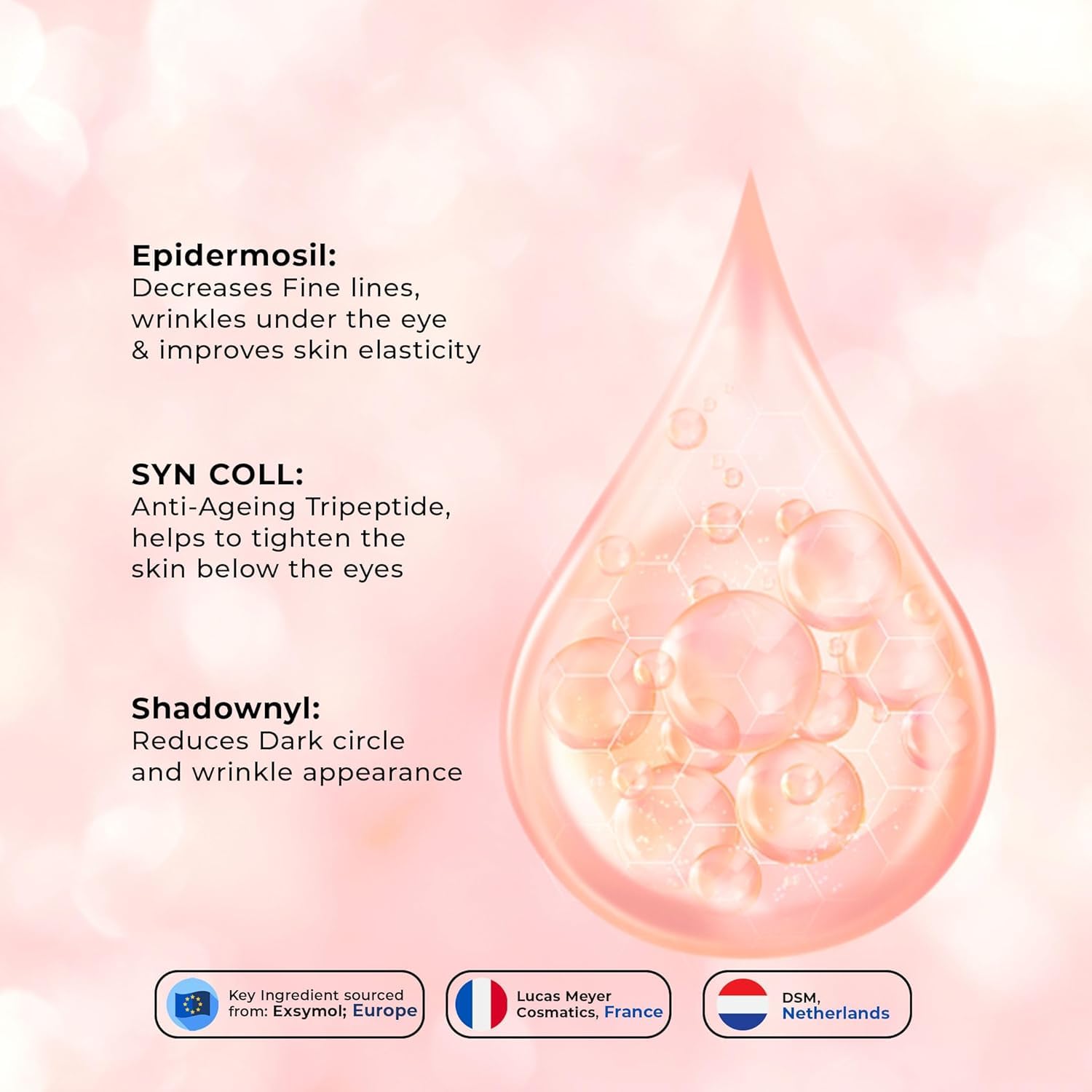 Dermisque  3X Under eye serum droplet with ingredients Epidermosil, Syn Coll, and Shadowyl on a pink background