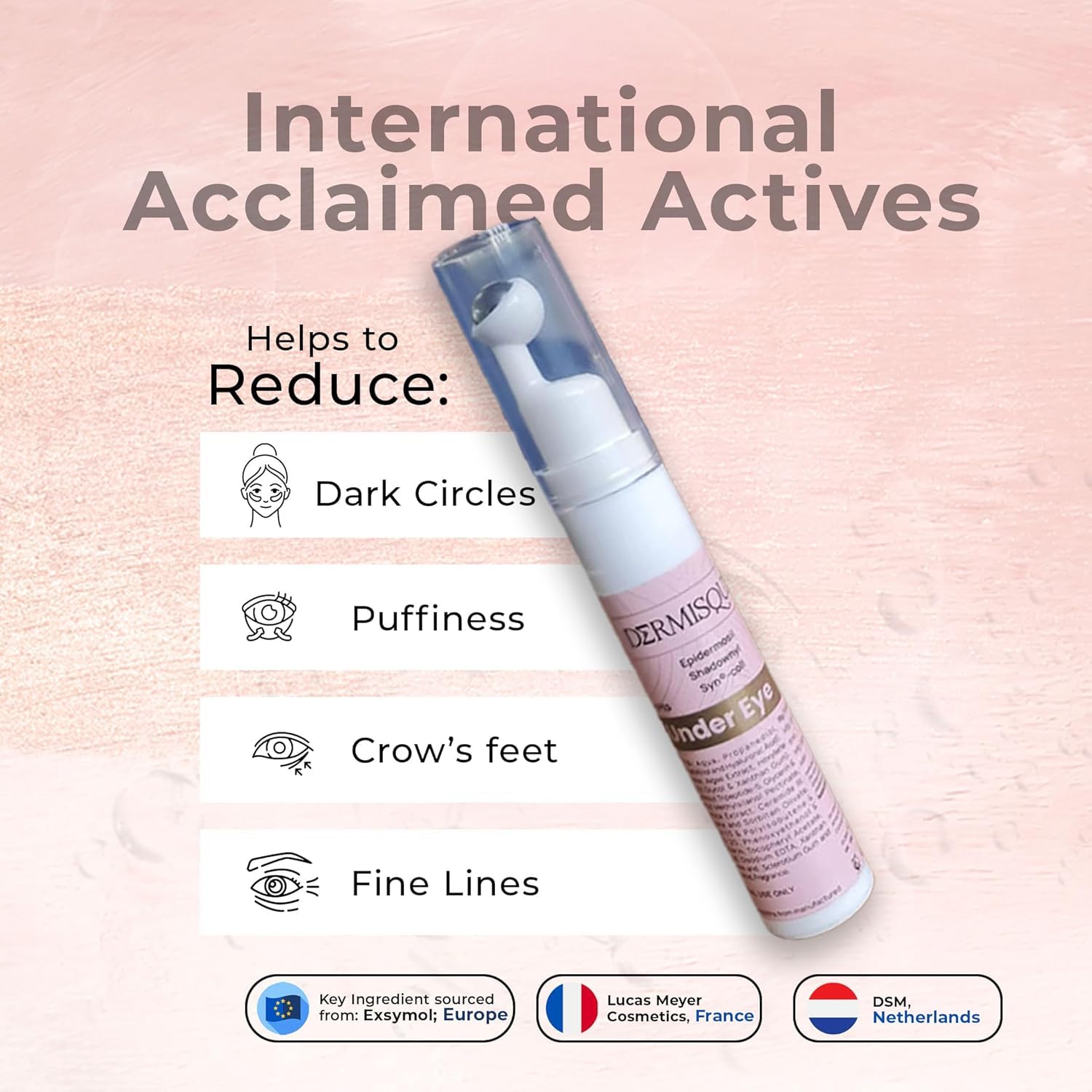 Dermisque under eye serum roll on with benefits listed on a pink background