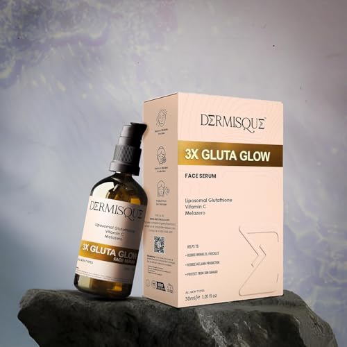 Dermisque 3X Gluta Glow face serum bottle and packaging on a gray background