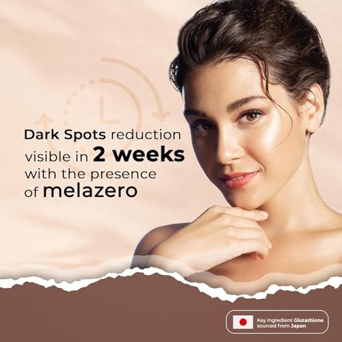 Advertisement for Dermisque USA 3X Gluta Glow Brightening Face Serum, Glein Pharma melazero with a woman's face and text about dark spot reduction.