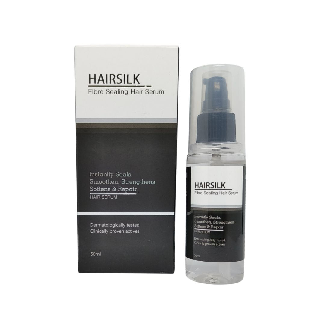 Hairsilk fibre sealing hair serum with packaging on a white background