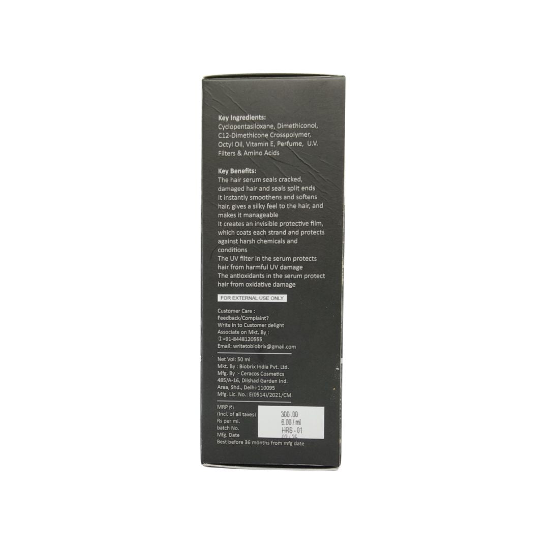 HAIRSILK SERUM Back view of a black hair product packaging with text on a white background